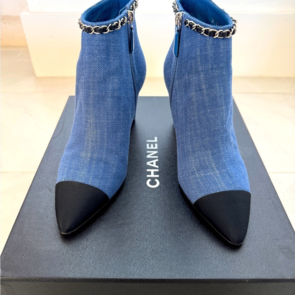 Chanel Interlocking Denim Booties. Perfect condition. Worn once to an event.